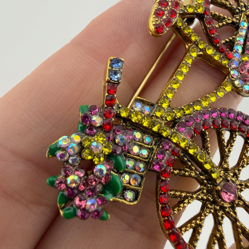 Multicolor Rhinestone Bicycle Brooch Flower Basket Pin - Picture 3 of 9